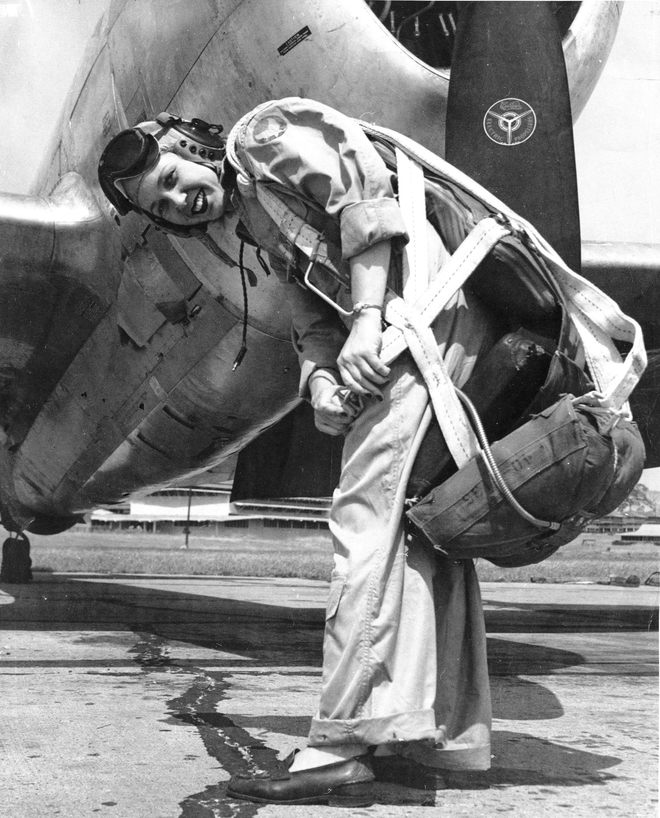 Deanie Parish as a WASP on the flightline at Tyndall Air Force Base, Fla., in the early 1940s.