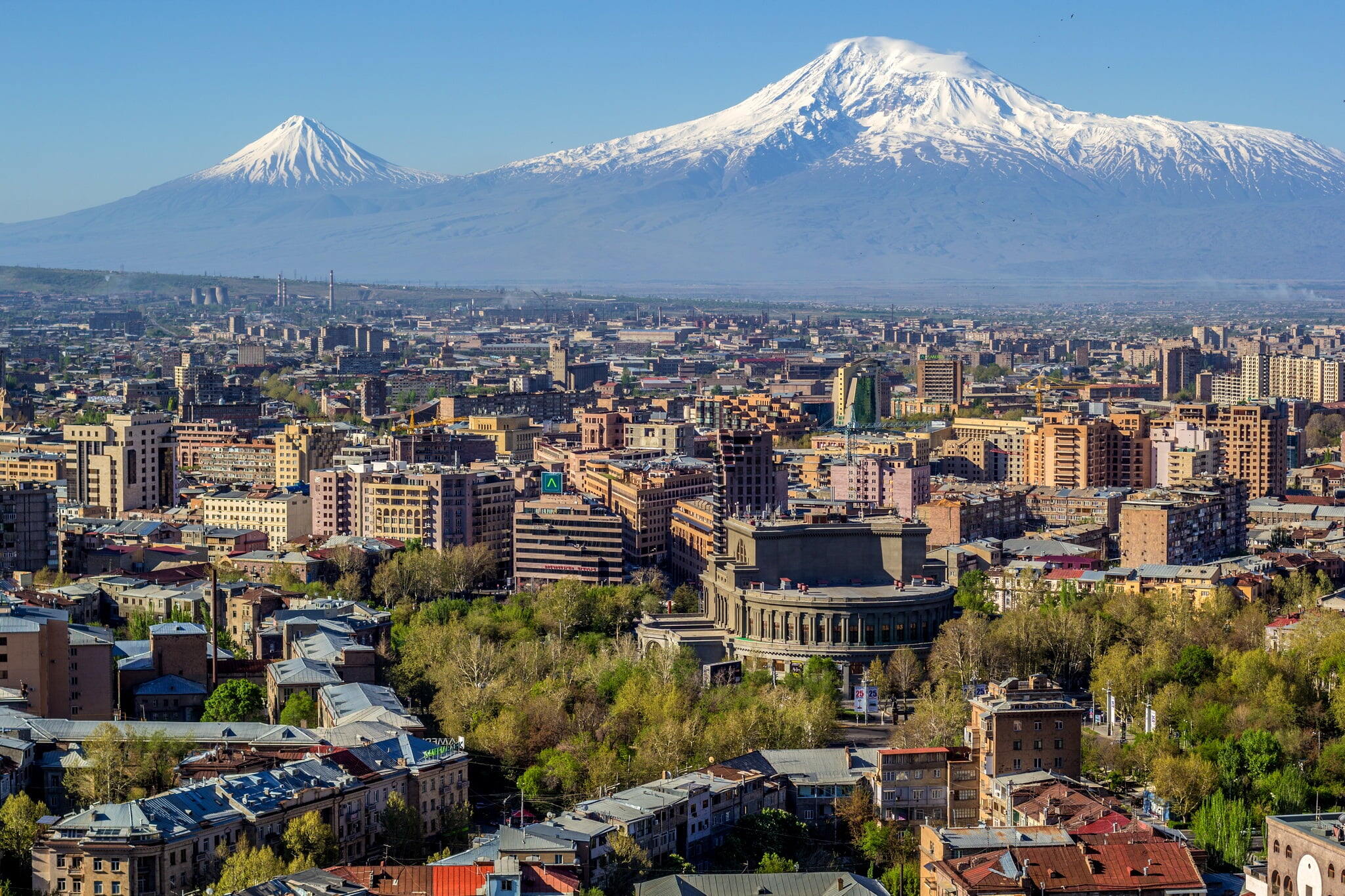 Jerevan - Mount Ararat and the Yerevan skyline. The Opera house is visible in the center.