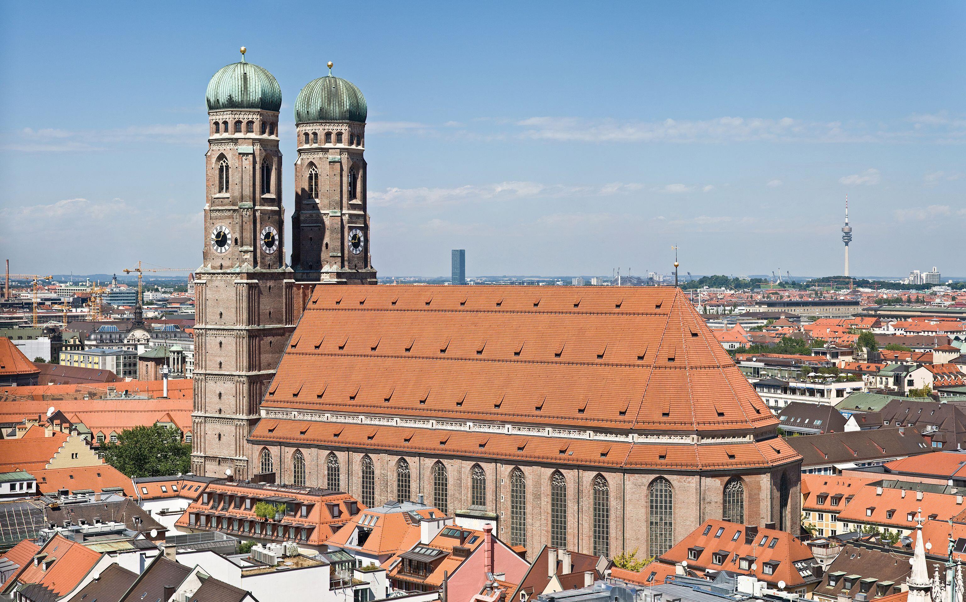 Frauenkirche (Church of Our Blessed Lady) in Munich, Germany, as viewed from the tower of Peter's Church. Taken by myself with a Canon 5D and 24-105mm f/4L IS lens.