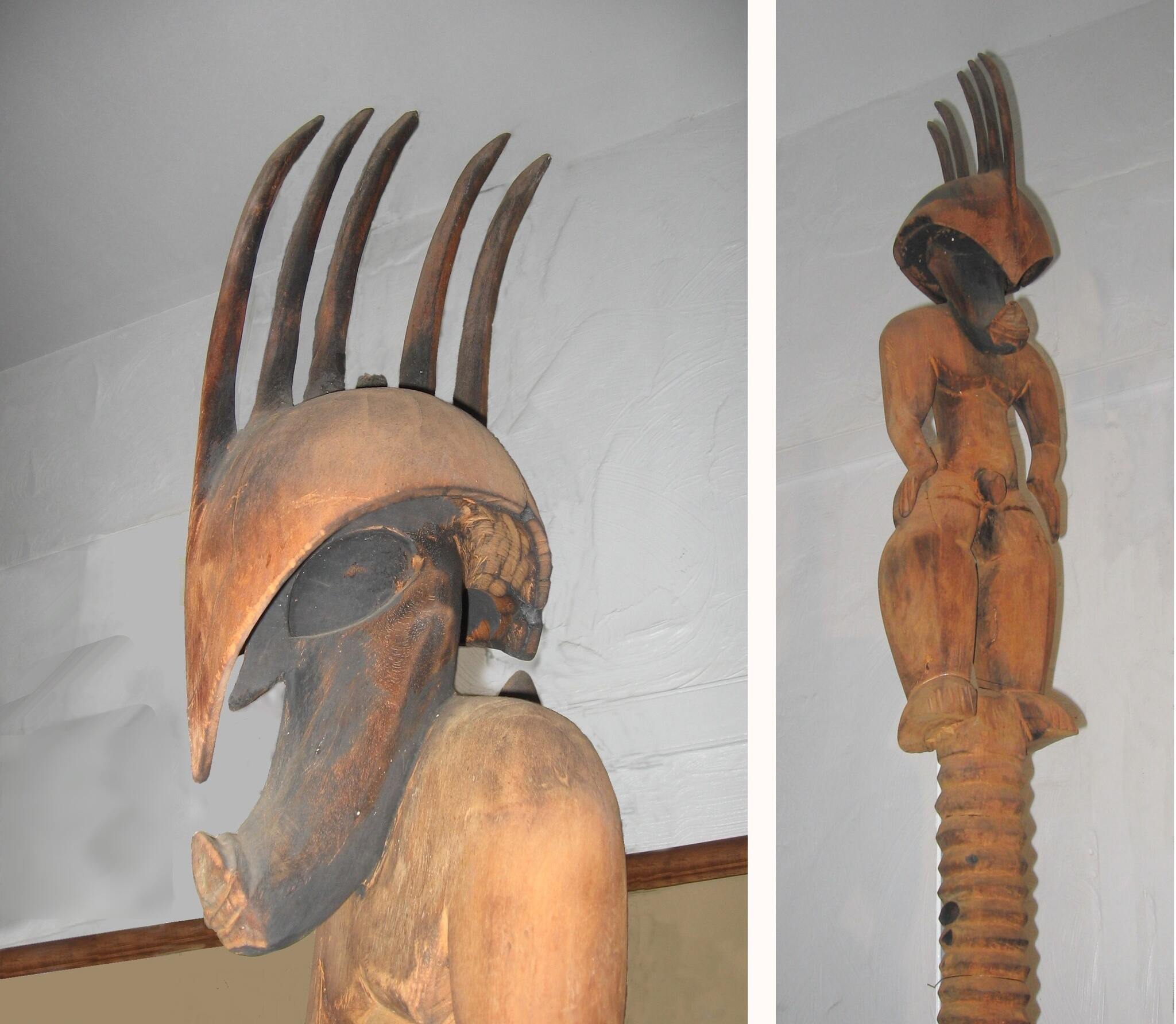 A collage of a wooden statue of the Ancient Hawaiian demi-god Kampaua'a. From the w:en:Bailey House Museum