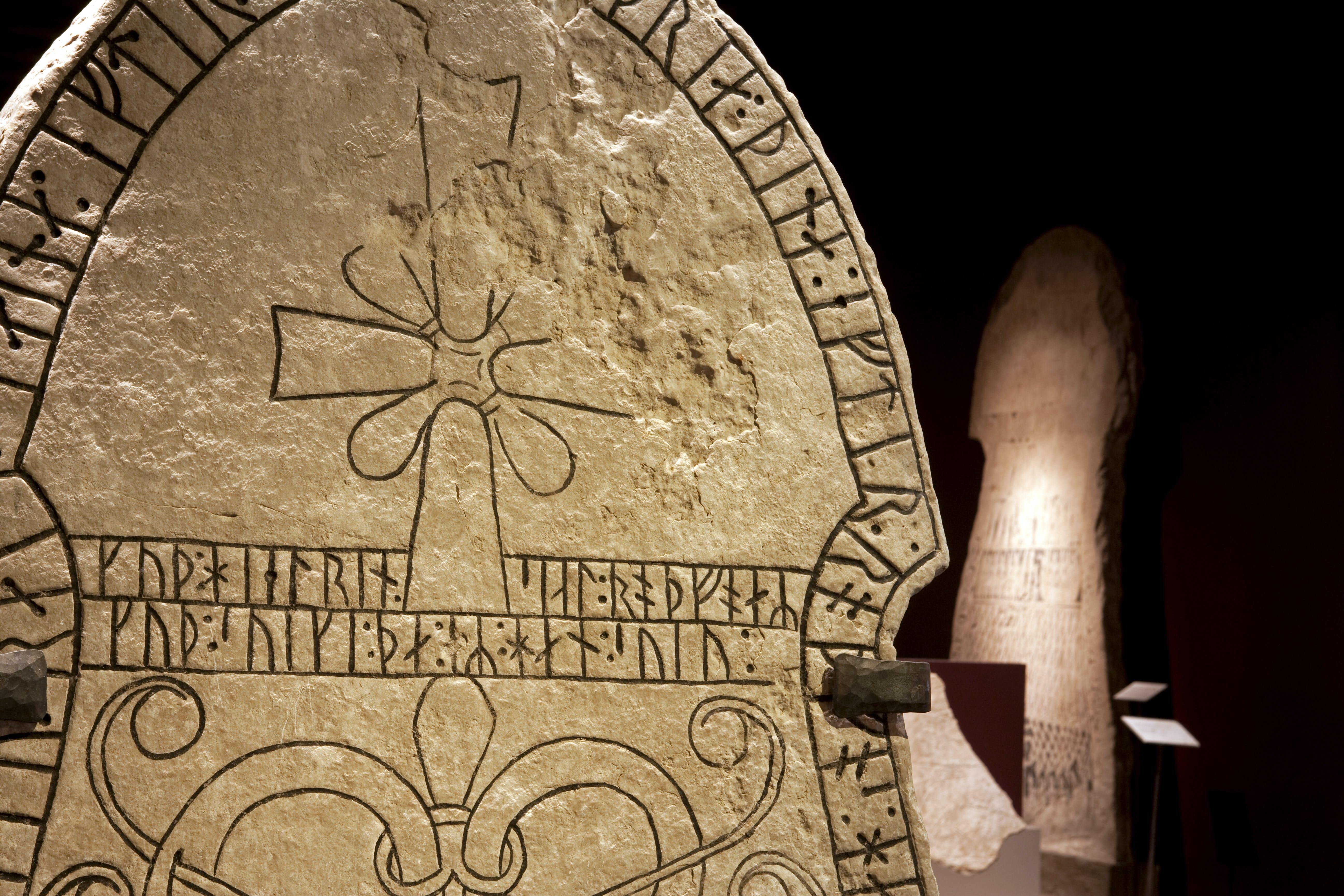 Sweden, Island of Gotland, Visby. Detail from Viking carved rune stones in the Historical Museum of Gotland