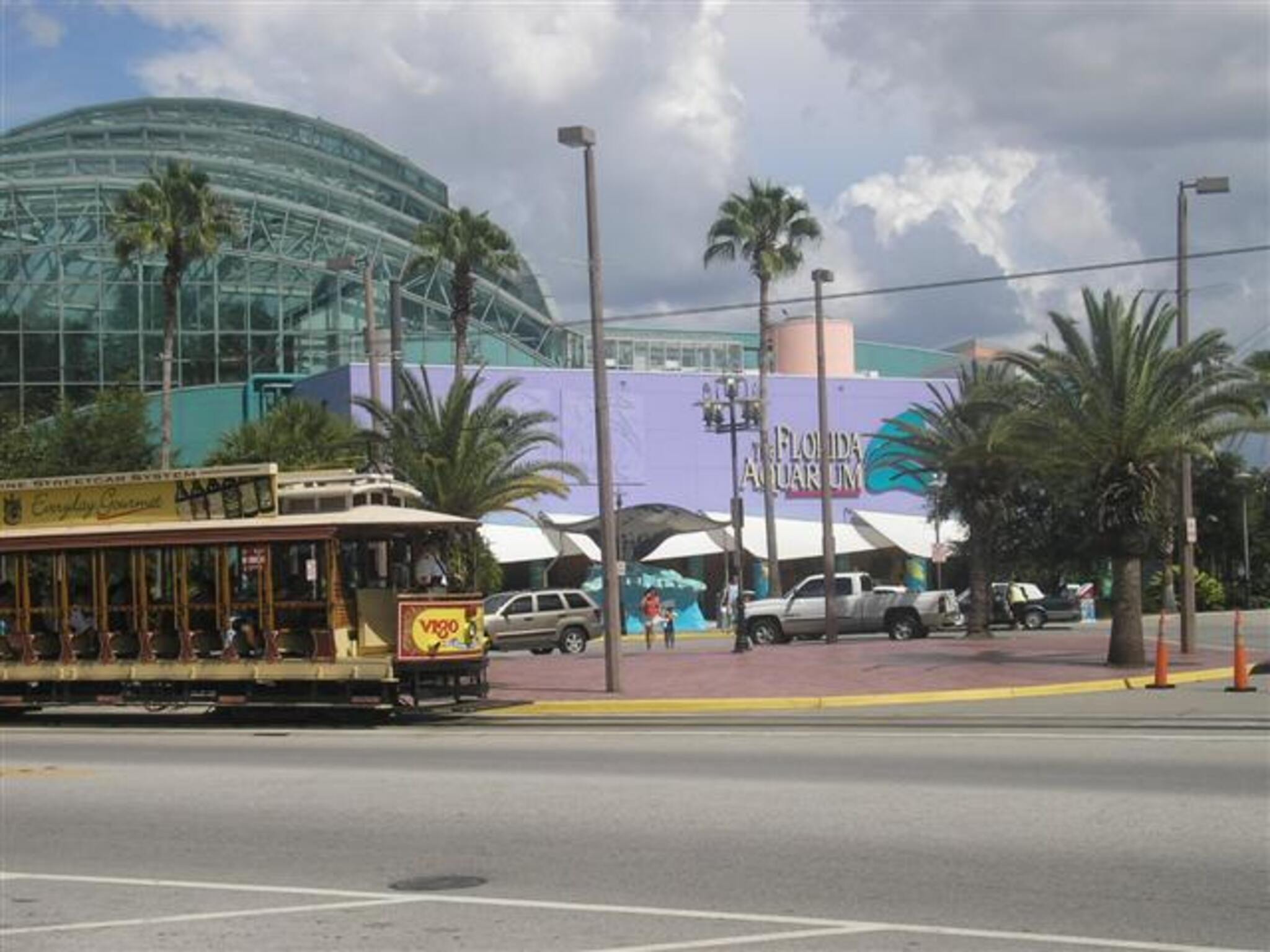 Florida Aquarium exterior with trolley