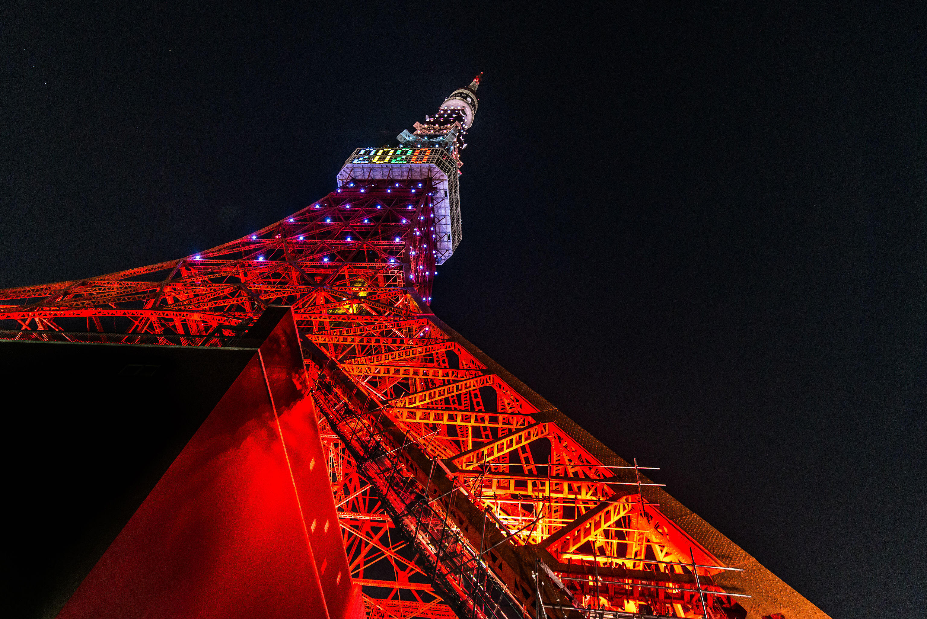 Tokyo Tower illuminated in Olympic colors.