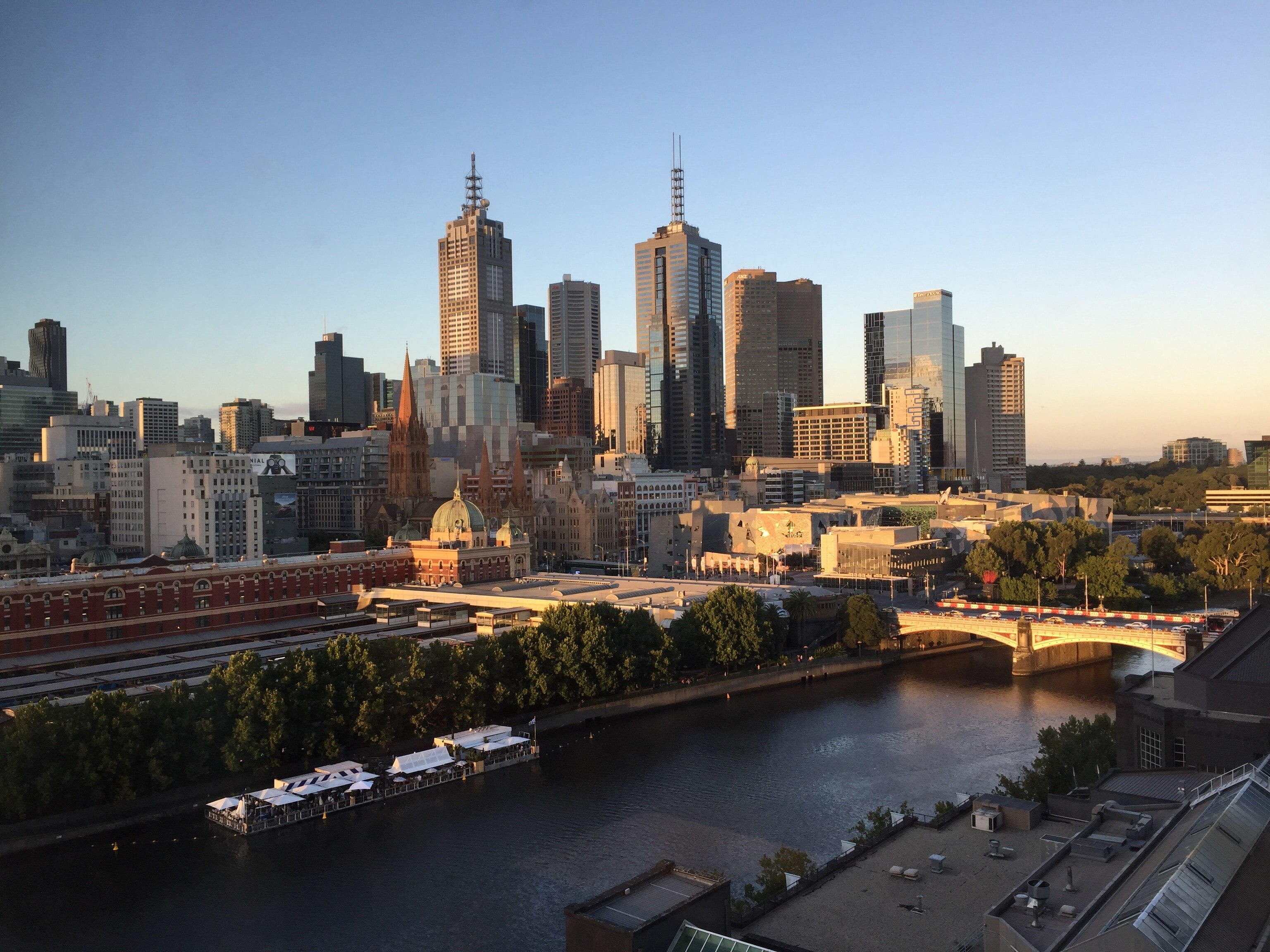 Melbourne - View of Melbourne's eastern CBD skyline from Southbank Promenade with Princes Bridge and Flinders St, 2018