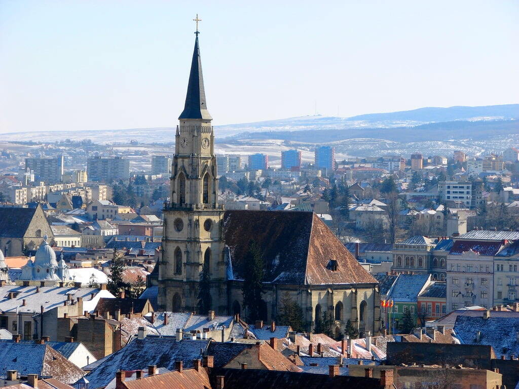 Kluž - Centre of Cluj-Napoca, Romania, dominated by St. Michael's Church (Roman Catholic)